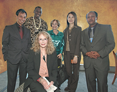 2011 fellowship recipients with Mia Farrow and Evelyn Leopold. From left standing: Altamash Hashmi, Kingsley Amayo, Evelyn Leopold, Kunzhe Liu and Kirubel Tadesse with Mia Farrow